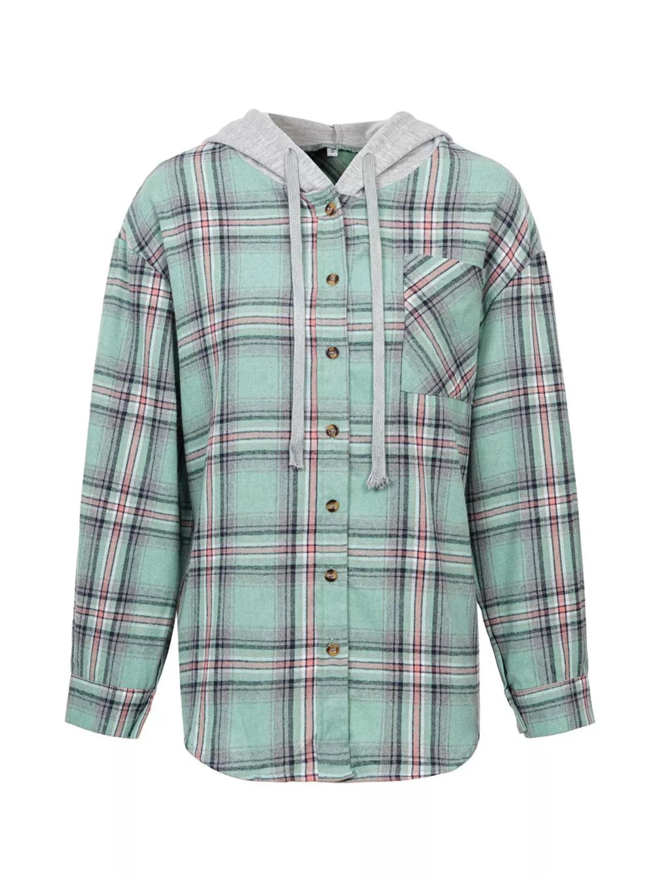 Plaid Button-Up Hooded Shirt Green 9af749db-38c8-452b-91a0-ca6fdfc9a357-Max-Origin