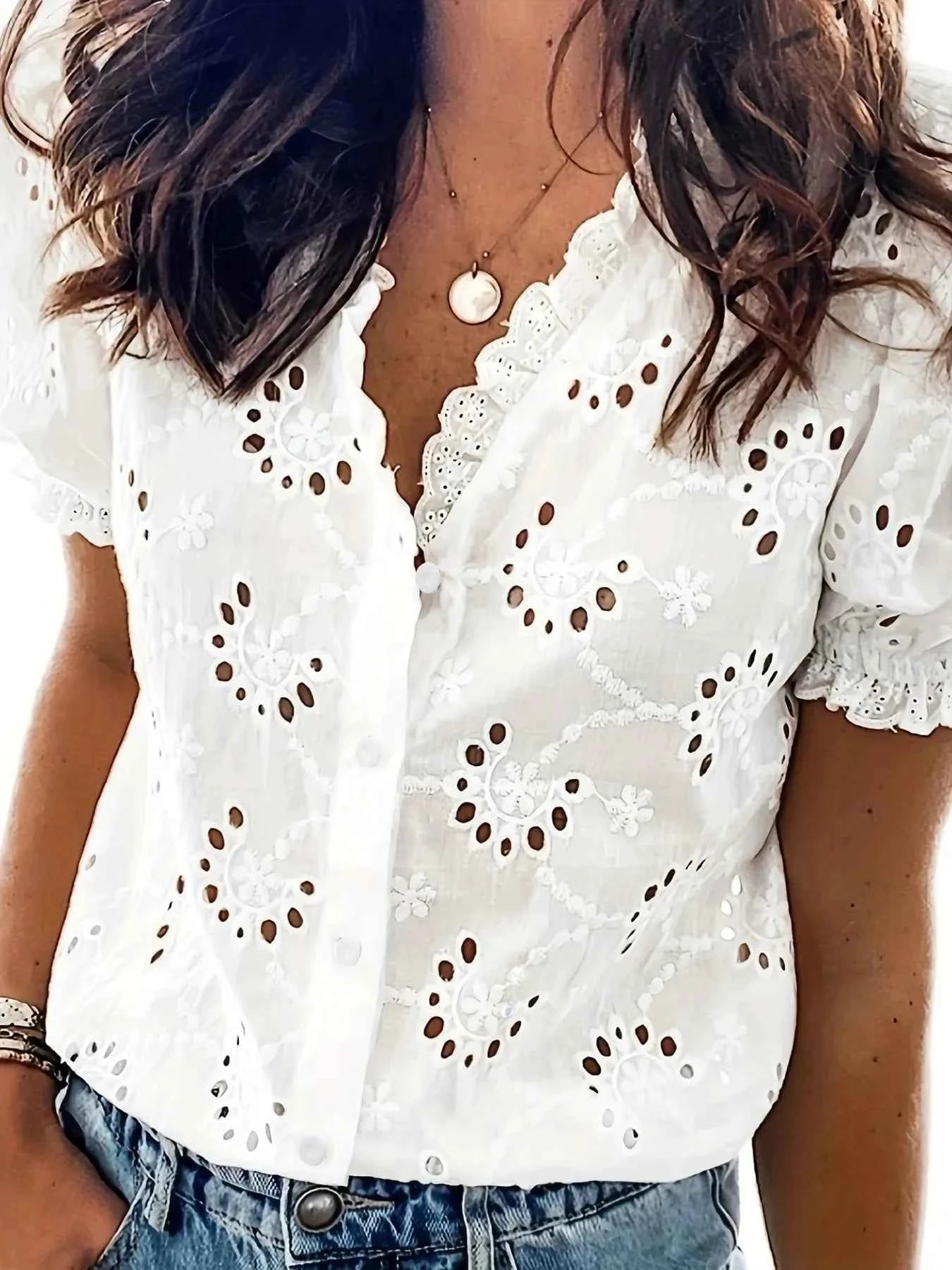 Eyelet Frill Short Sleeve Shirt White 9af9980423ee466c95bb9c031edf7c29-Max-Origin