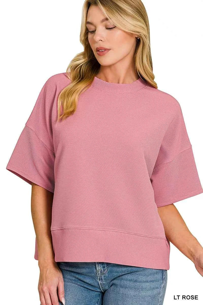 Zenana Ribbed Round Neck Waist Banded T-Shirt LT ROSE 9afd621a753c44e3bdb02e744de106f1-Max-Origin