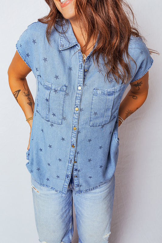 Beau Blue Star Allover Print Double Chest Pocket Short Sleeve Denim Shirt 9b017dd4d43dac3e