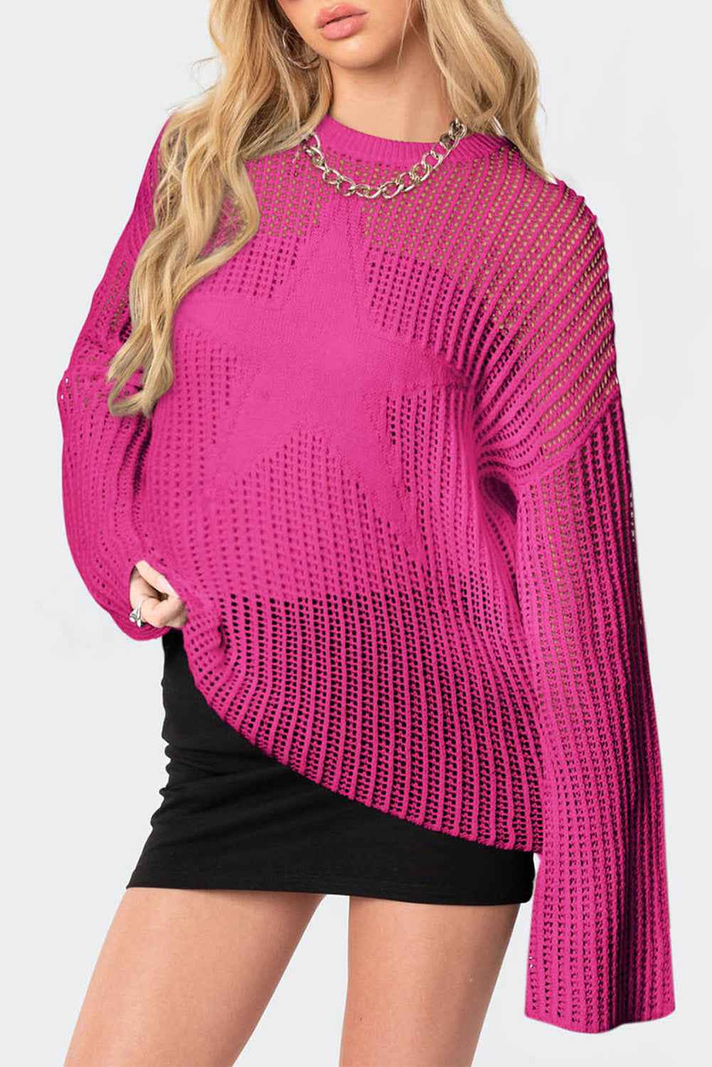 Rose Star Pattern Lightweight Hollow Knit Sweater 9b064f30bae03670