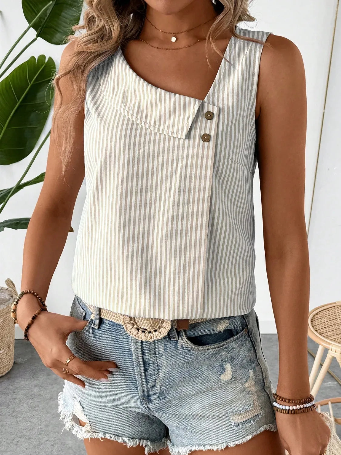 Decorative Button Asymmetrical Striped Tank Beige 9b07ebe8-1195-4408-985e-3233b6489f4a-Max-Origin