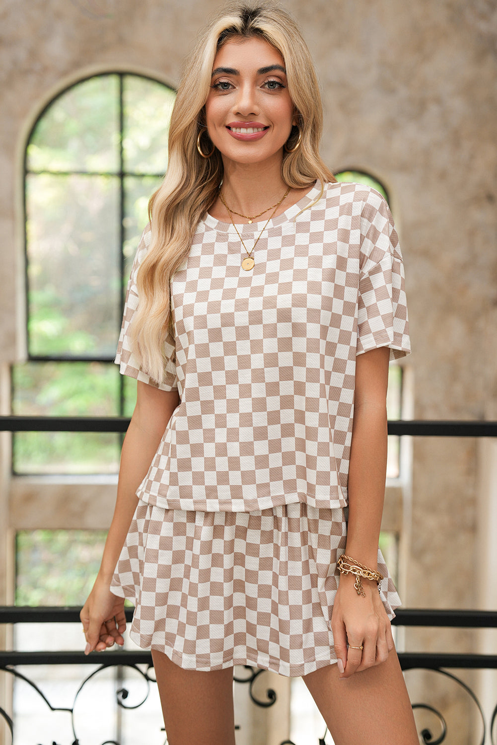 Brown Checkerboard T Shirt and High Waist Skort Set 9b0d20360b223a0d