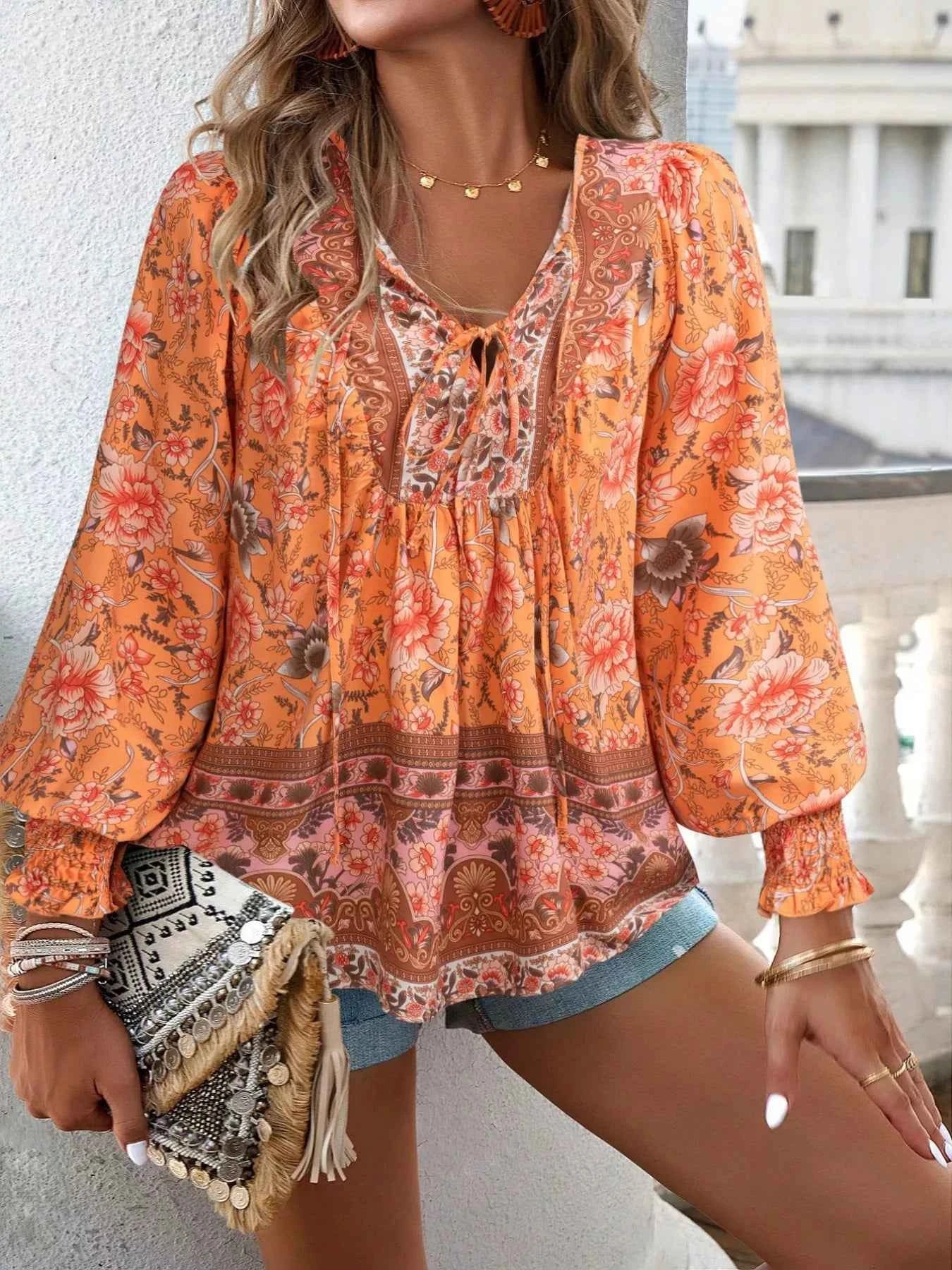 Floral Print Tie Neck Bohemian Blouse Sherbet 9b0de102-2b6c-4cda-93d2-b568a68dba85-Max-Origin