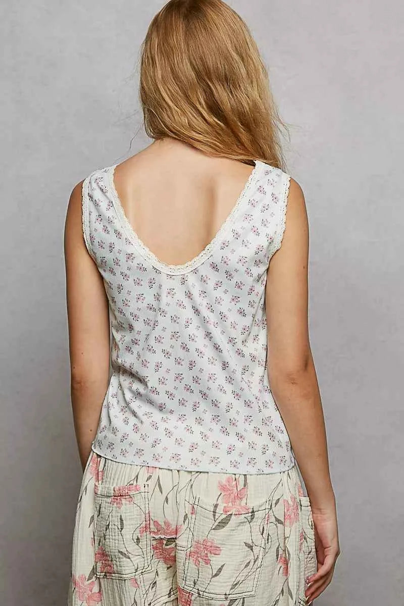 POL Ruched Floral V-Neck Tank with Lace Detail 9b10f8d4-3b02-44d8-b30d-aab62d934b74-Max-Origin