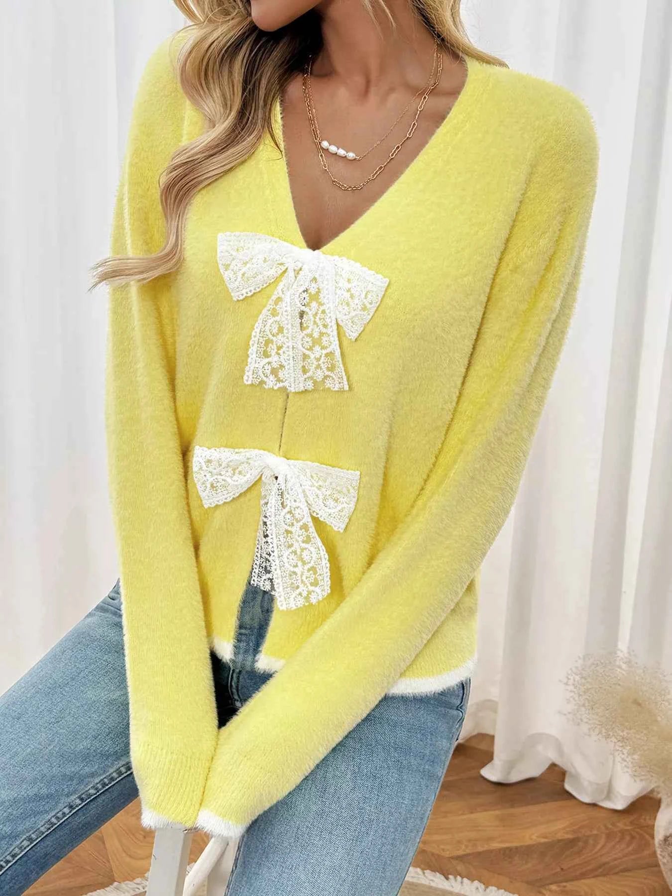 Lace Bow-Tie Front Long Sleeve Cardigan 9b11b8af5b02446a9f92df91735b21fe-Max-Origin