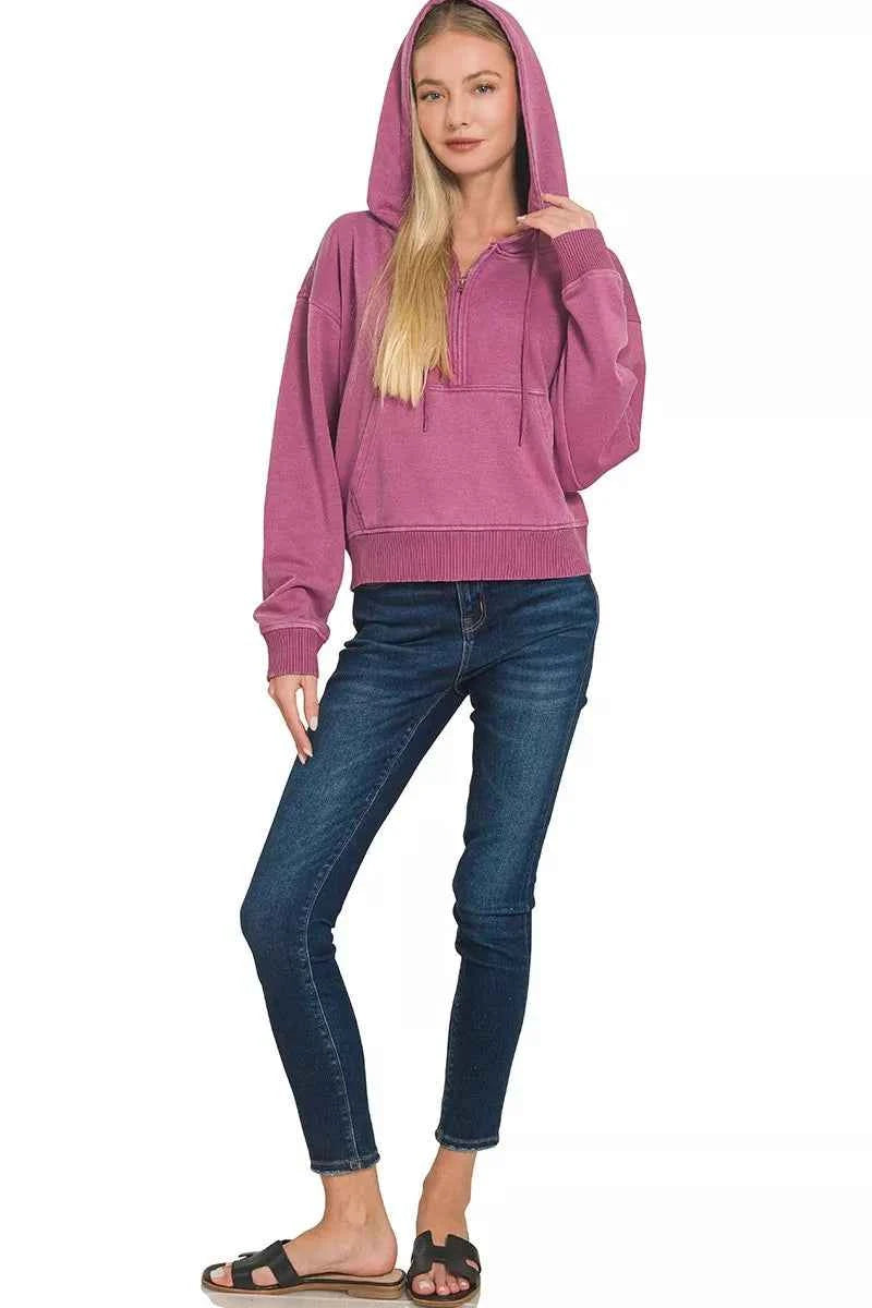 Zenana Fleece Pigment Dye Half Zip Kangaroo Pocket Hoodie 9b14e86bd33546debd5381e47fd77c2e-Max-Origin