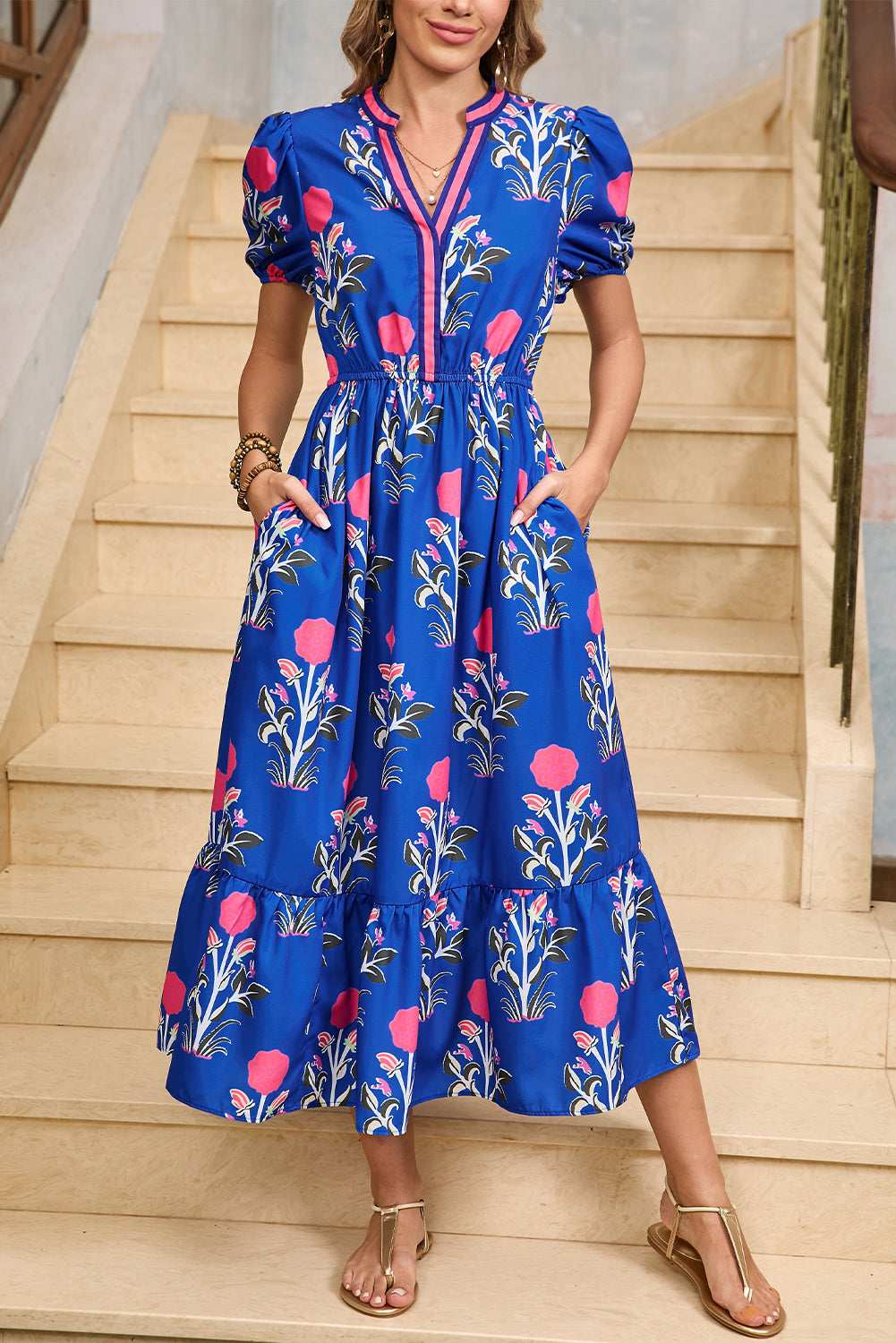 Blue Floral Ruffle Hem Pop of Color Neckline Dress 9b1621a267d46e4c-_15