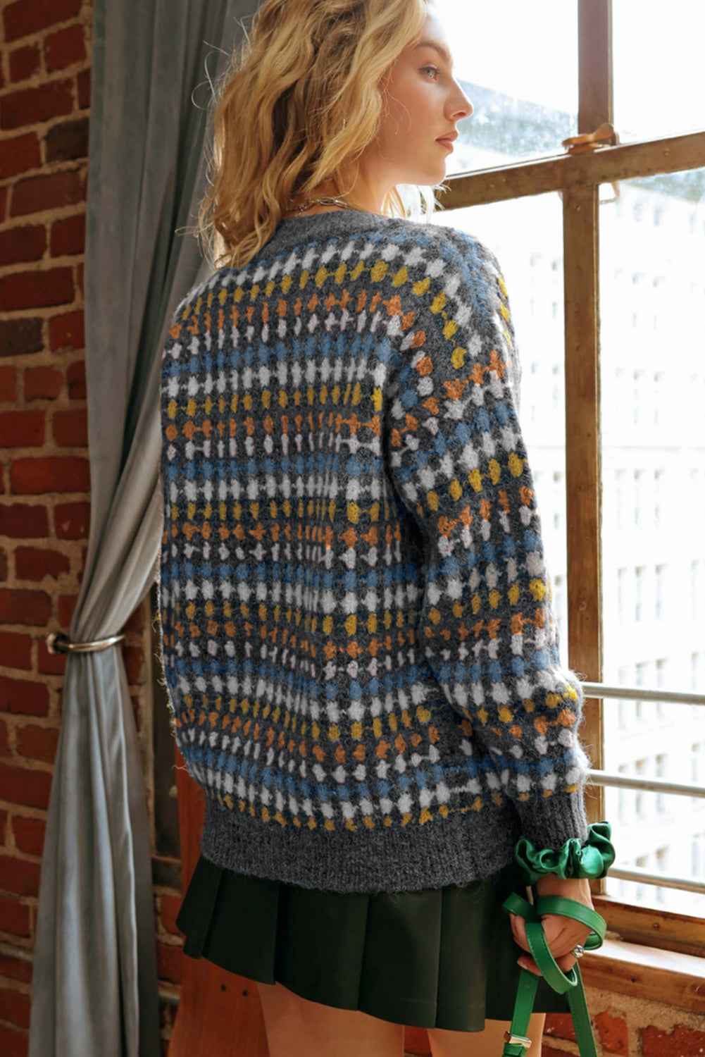 Gray Dotty Pattern Knit Button Front V Neck Sweater Cardigan 9b196f216fb730c5