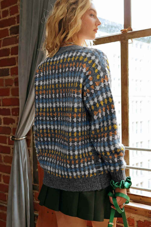 Gray Dotty Pattern Knit Button Front V Neck Sweater Cardigan 9b196f216fb730c5