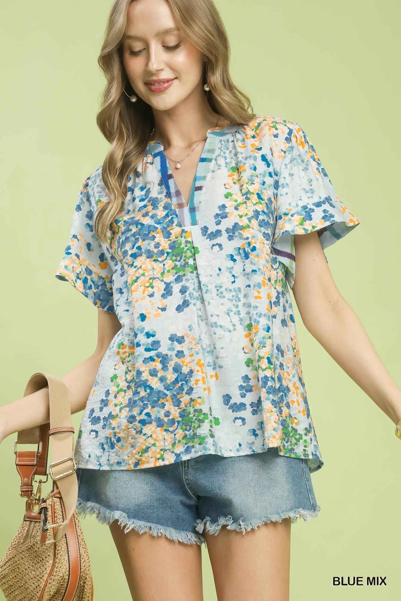 Umgee Mix Media Flutter Sleeve Blouse BLUE MIX 9b1d8093-8579-466b-86b8-f8032b84082a-Max