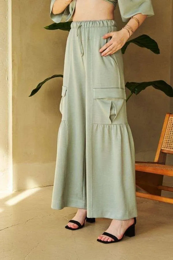 Davi & Dani Drawstring Ruched Detail Wide Leg Pants Sage 9b2950b5-ef3f-4df7-8de0-4c2cdf7f571e-Max