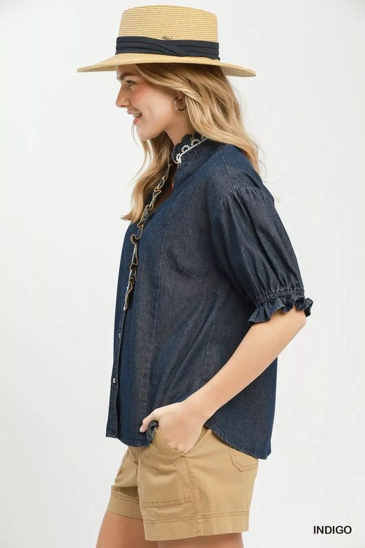 Chambray Scalloped Trim Button Front Blouse 9b2fdc60-5803-4154-a630-f80e7249b945-Max-Origin
