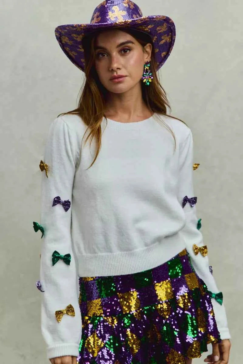 SO ME Mardi Gras Glitter Bow Ribbon Sweater Knit Top 9b33ff168e43490e864cda30f6785b7b-Max-Origin