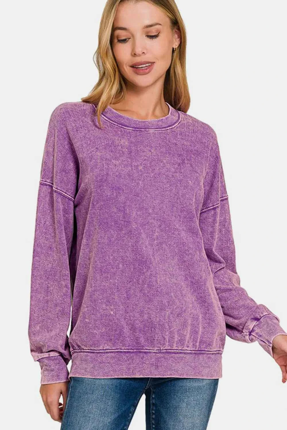 Zenana Washed Round Neck Dropped Shoulder Sweatshirt Violet 9b3d94da-b45a-4436-b7eb-8161aedab753-Max