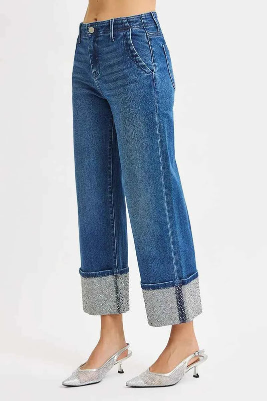 High Rise Ankle Wide Rhine Stone Cuffed Jeans 9b3f53795d17469a984af1637357fe97-Max-Origin