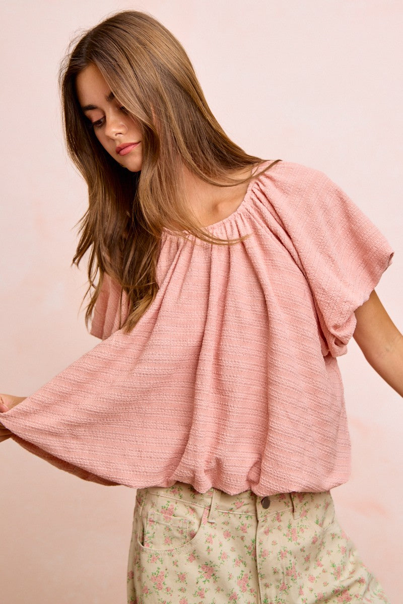 BiBi Stripes Textured Shirred Neckline Bubble Hem Top 9b4dcf130bf040549e0a6a251242ee75-Max