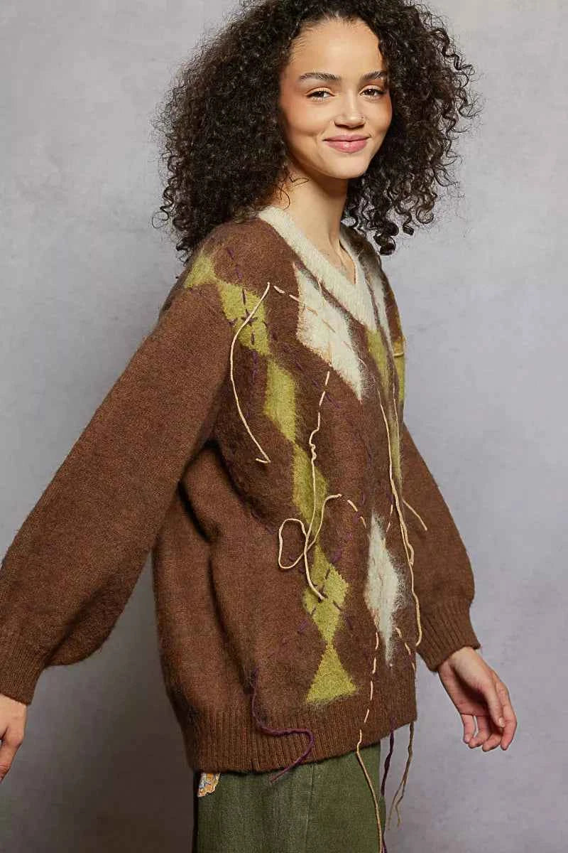 POL V-Neck Argyle Pattern Mohair Sweater with Contrast Exposed Stitch Detail 9b5247a6-0708-4c14-8c45-0ce9d17864e2-Max-Origin