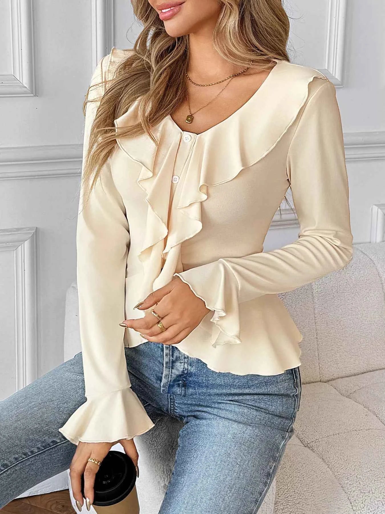Ruffled Flounce Sleeve Blouse 9b58cfea78474f36a7fff0c38d196a1d-Max-Origin