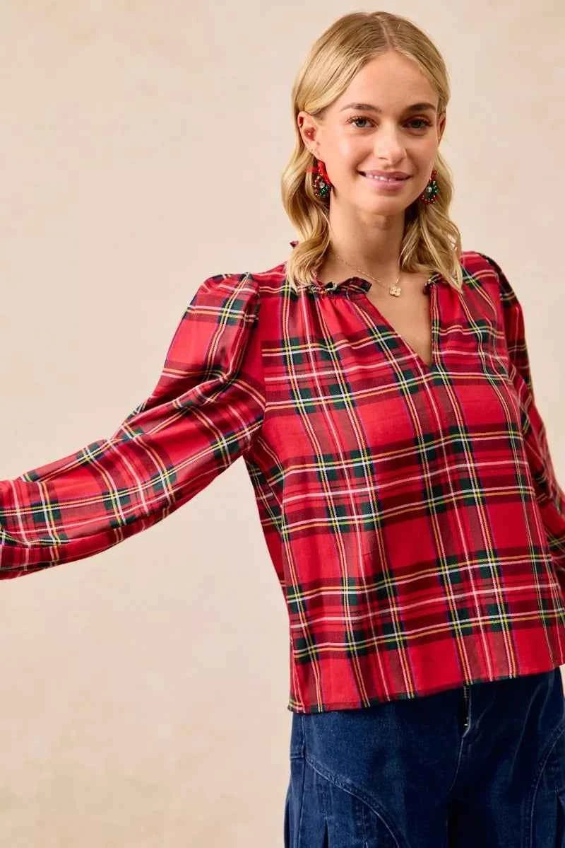 Christmas Plaid Balloon Sleeves Ruffled V-Neck Top 9b5c3e6f4f54483ab6d6c122dff24c47-Max-Origin