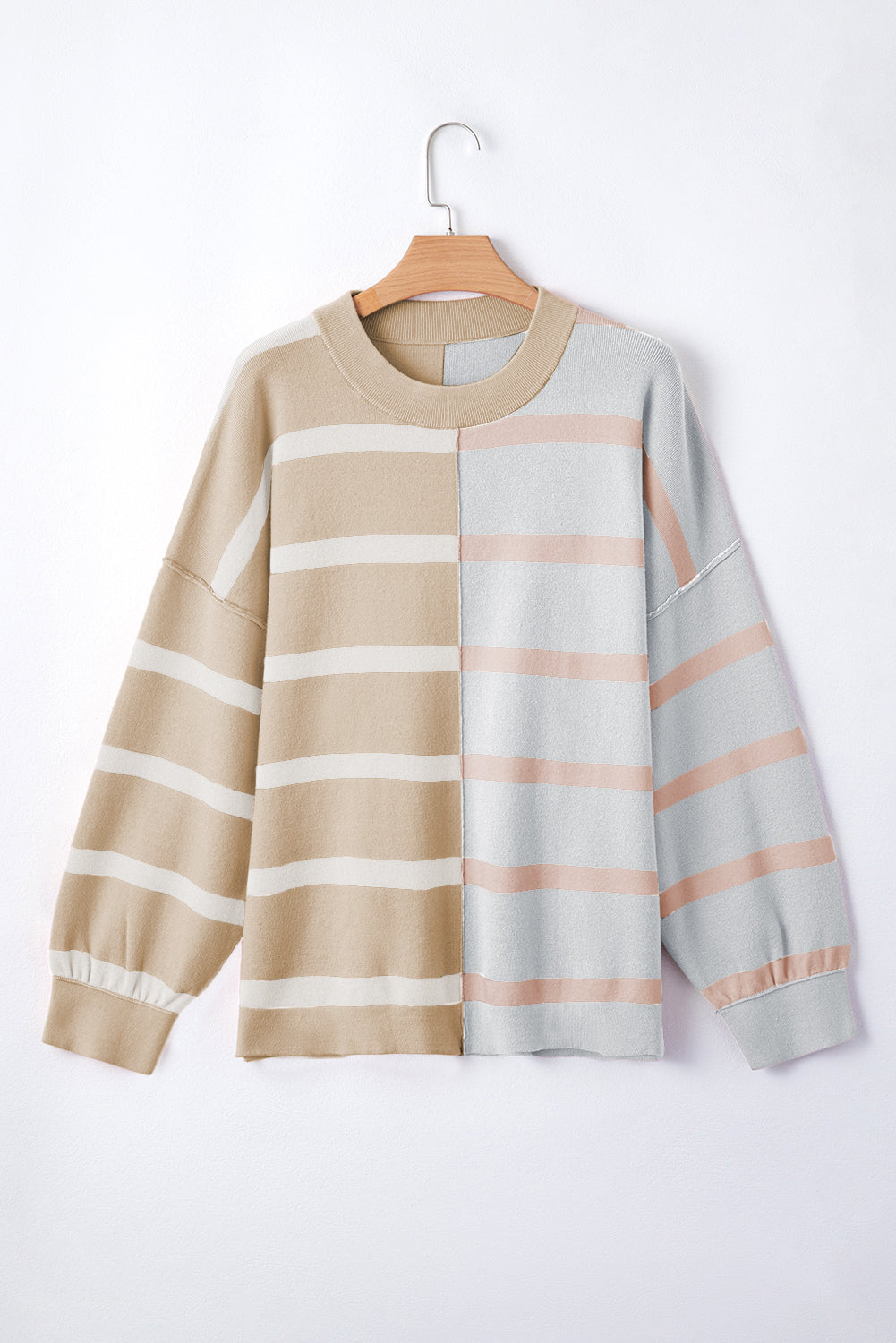 Blue Stripe Exposed Seam Patchwork Loose Sweatshirts Khaki Stripe 9b642b6d595579ee