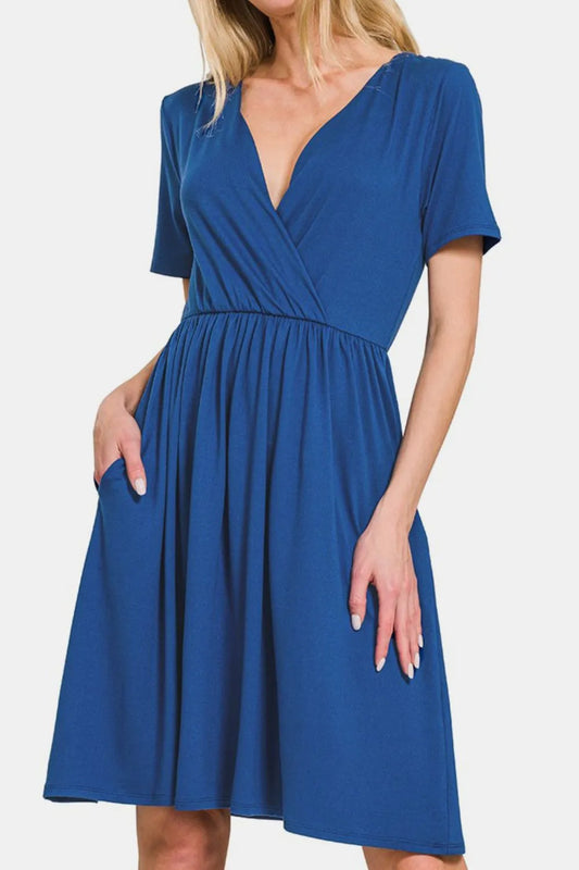 Zenana Surplice Short Sleeve Brushed DTY Dress 9b683d5e-a979-4438-b18b-c715a1b39b70-Max