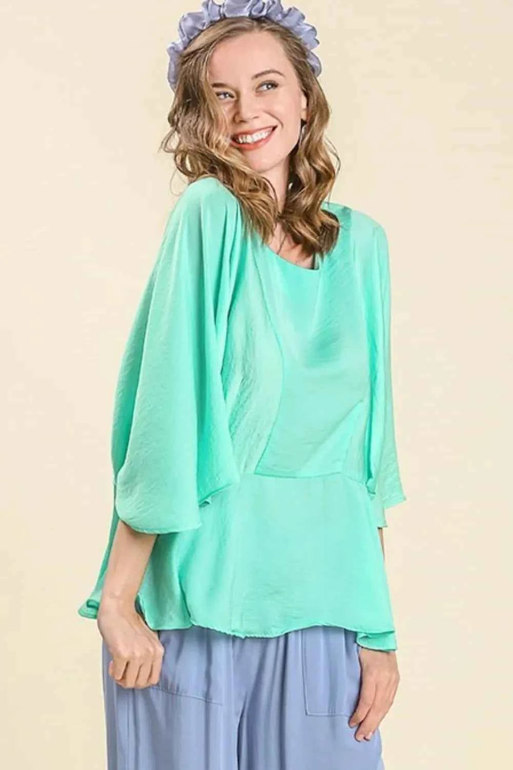 Umgee Full Size Satin Pleated Peplum Round Neck Blouse Plus Size 9b697202-bc17-4faa-9885-f66ffa12ce09-Max