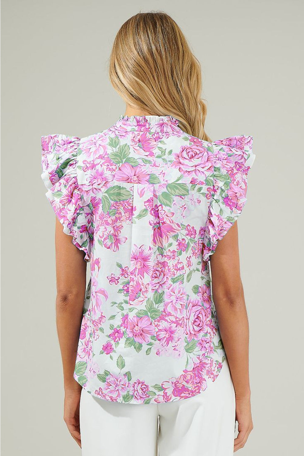 Pink Floral Print Ruffle Sleeve Frilly Button Up Shirt 9b721b75465daf65