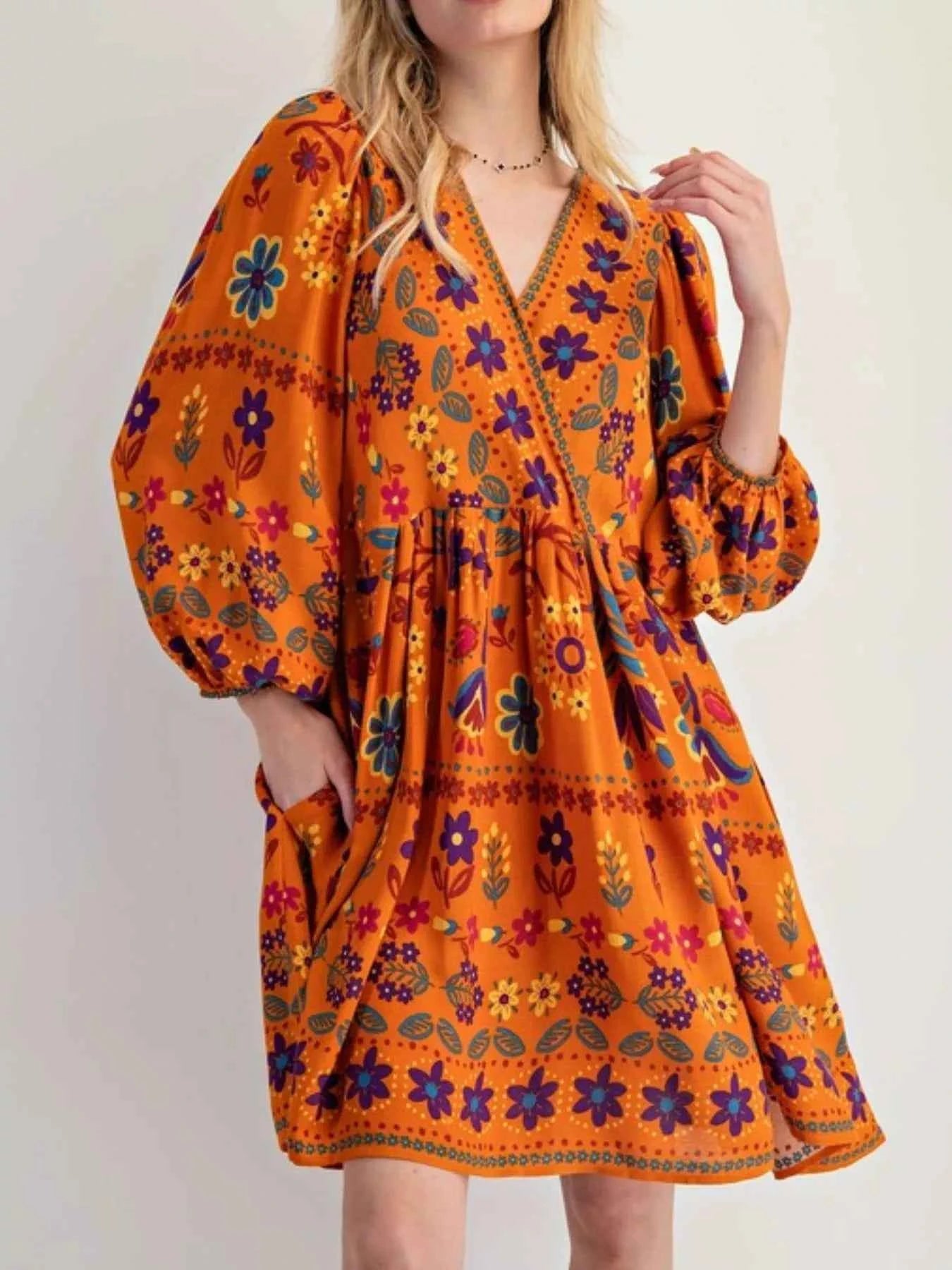 Bohemian Floral Print Long Sleeve Mini Dress Orange 9b74bdad-19c8-45bc-a98d-3e2fdf3d4020-Max-Origin
