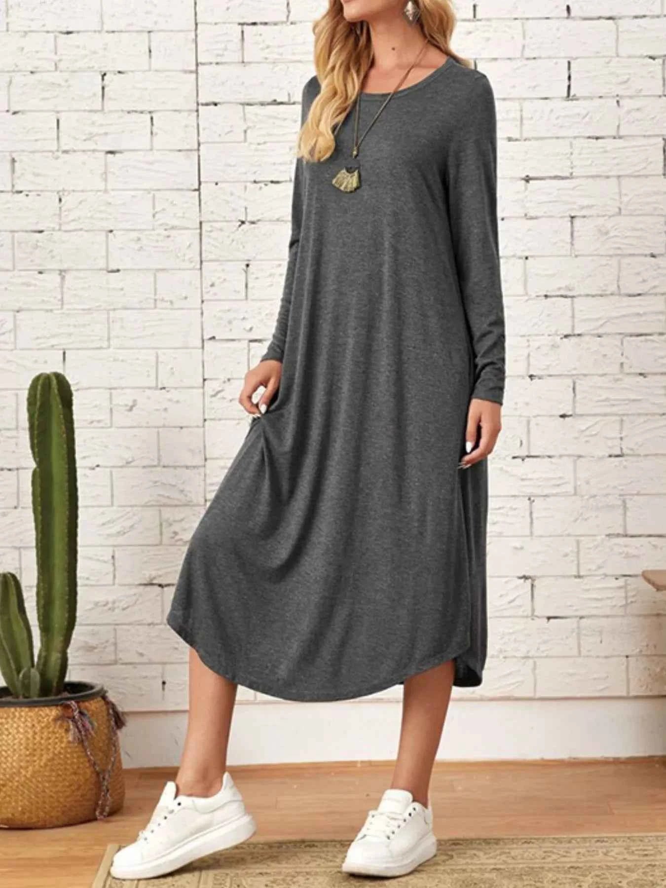 Casual Long Sleeve Pocket Midi Dress Dark Gray 9b7b000d-b387-4fff-bf01-965826835494-Max-Origin