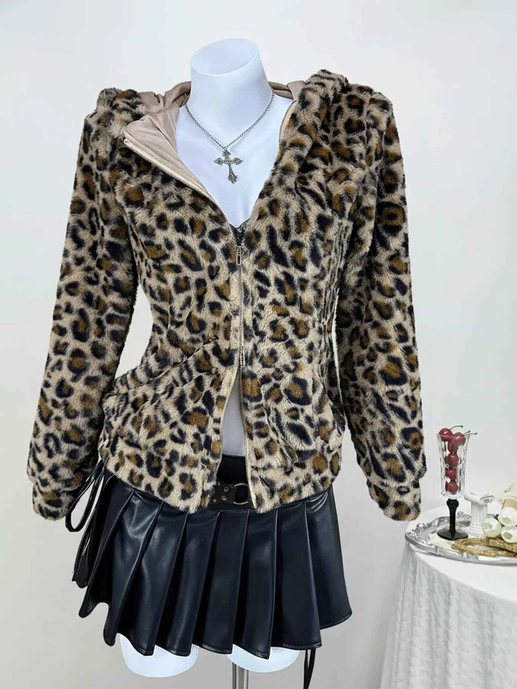 Leopard Plush Zip-Up Hooded Outerwear Brown 9b7b2e77c17e4685833b048fd6c46a56-Max-Origin