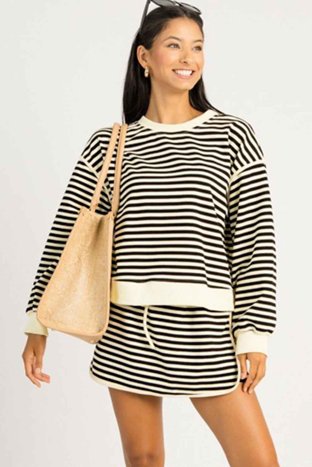 Black Stripe Textured Drop Shoulder Pullover Top Drawstring Mini Skirt Two Piece Dress Set 9b7d5af3a8608153