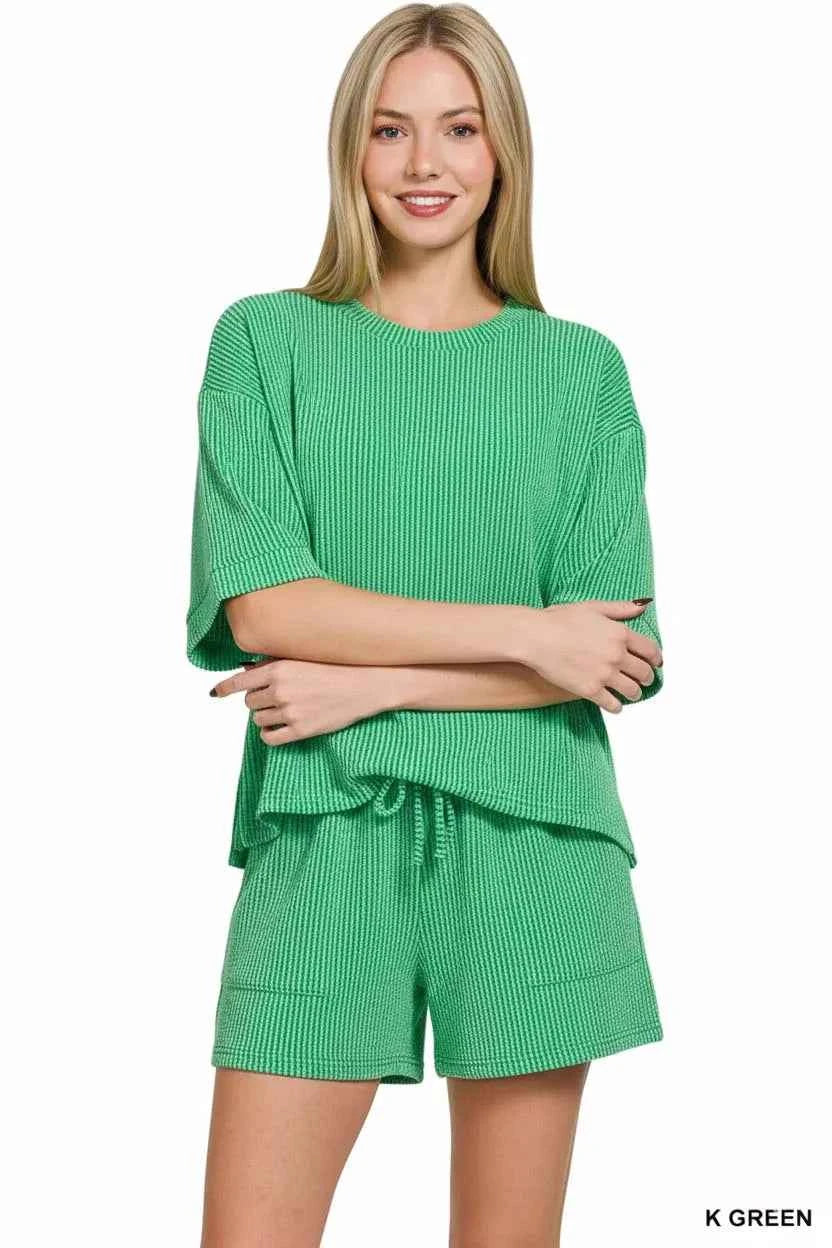 Zenana Raised Rib Short Sleeve Tee and Drawstring Shorts Set 9b7e6674-53a6-4323-9683-1152b2c9d02d-Max-Origin