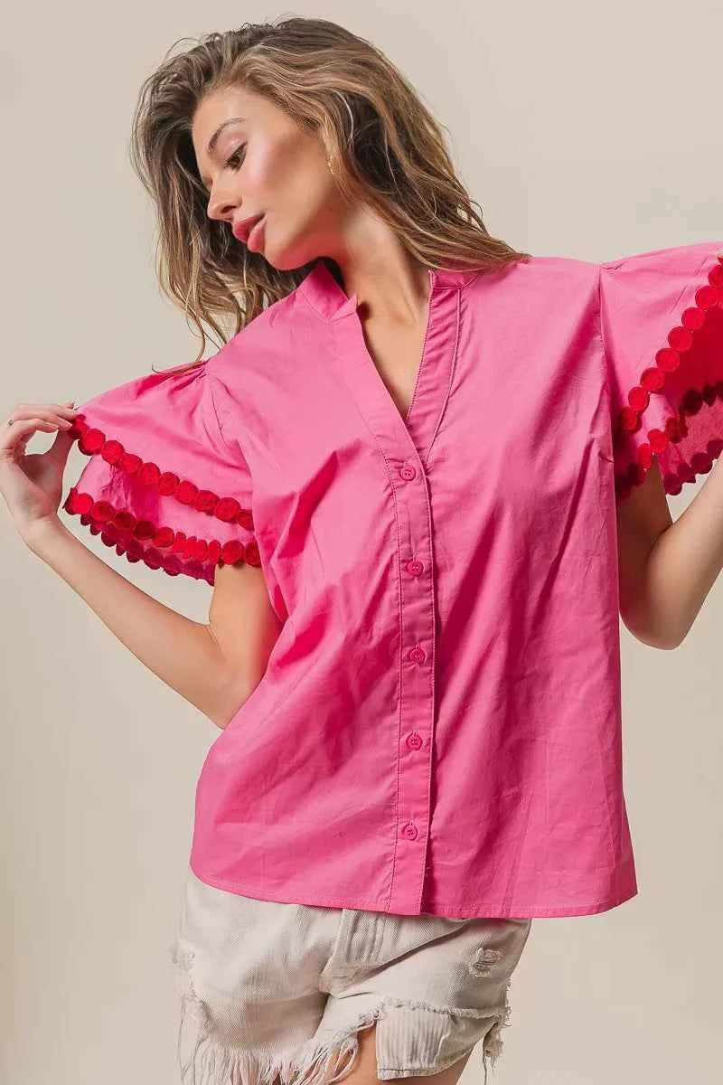 BiBi Dot Trim Flutter Sleeve Notched Top 9b81b5ab96af457fac048f80bce0ef6d-Max-Origin