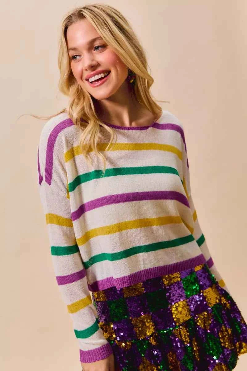 SO ME Mardi Gras Color Stripe Lightweight Sweater Top 9b865d1861454d5cb25ff2847b53d3a3-Max-Origin