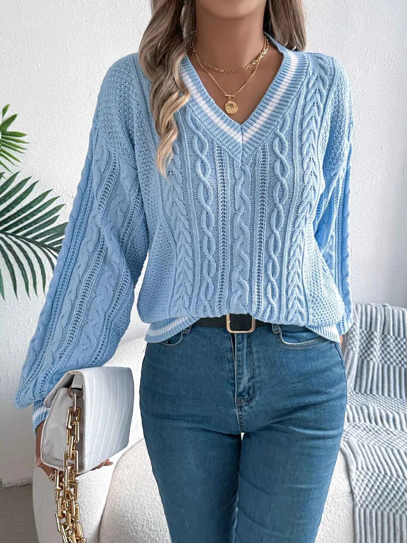 Cable Knit V-Neck Long Sleeve Sweater 9b89702147f9471ebc2e53b59d118b51-Max-Origin