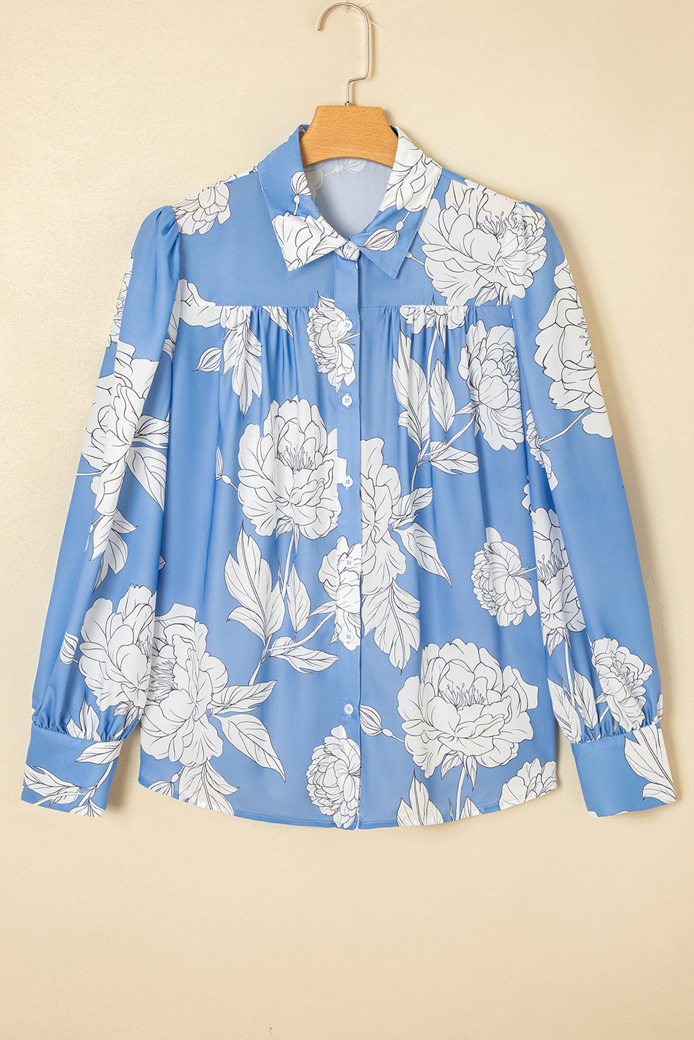 Sky Blue Floral Print Pleated Puff Sleeve Shirt 9b8fd65e33080f1b