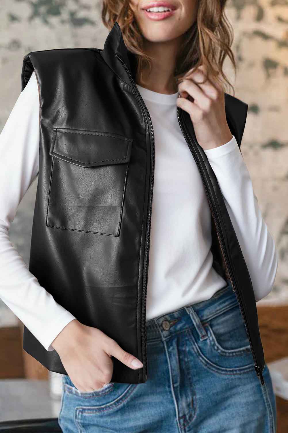 Black Double Flap Pocket Faux Leather Zip Up Stand Neck Vest Black 55%Polyester+45%PU 9b9132649741edd8