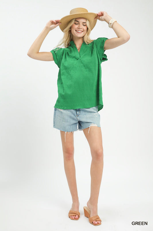 Textured Flutter Sleeve Split Neck Top 9b92f04a-3dba-4a2d-afeb-107c630a05d2-Max