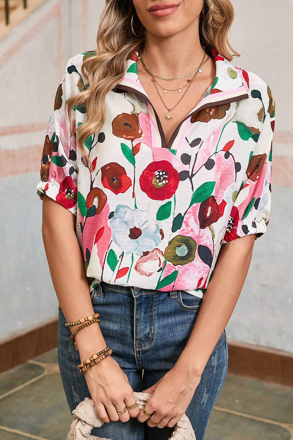 Pink Floral Print Boho Pop of Color Neckline Blouse 9b9a54e9c02bcb46