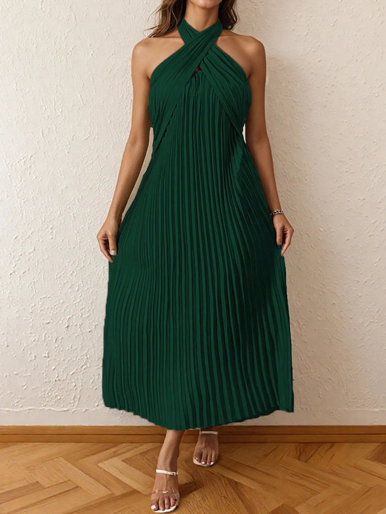 Pleated Halter Neck Midi Dress Dark Green 9ba48d951a2e4e86bbe9e0e1adc26a30-Max-Origin