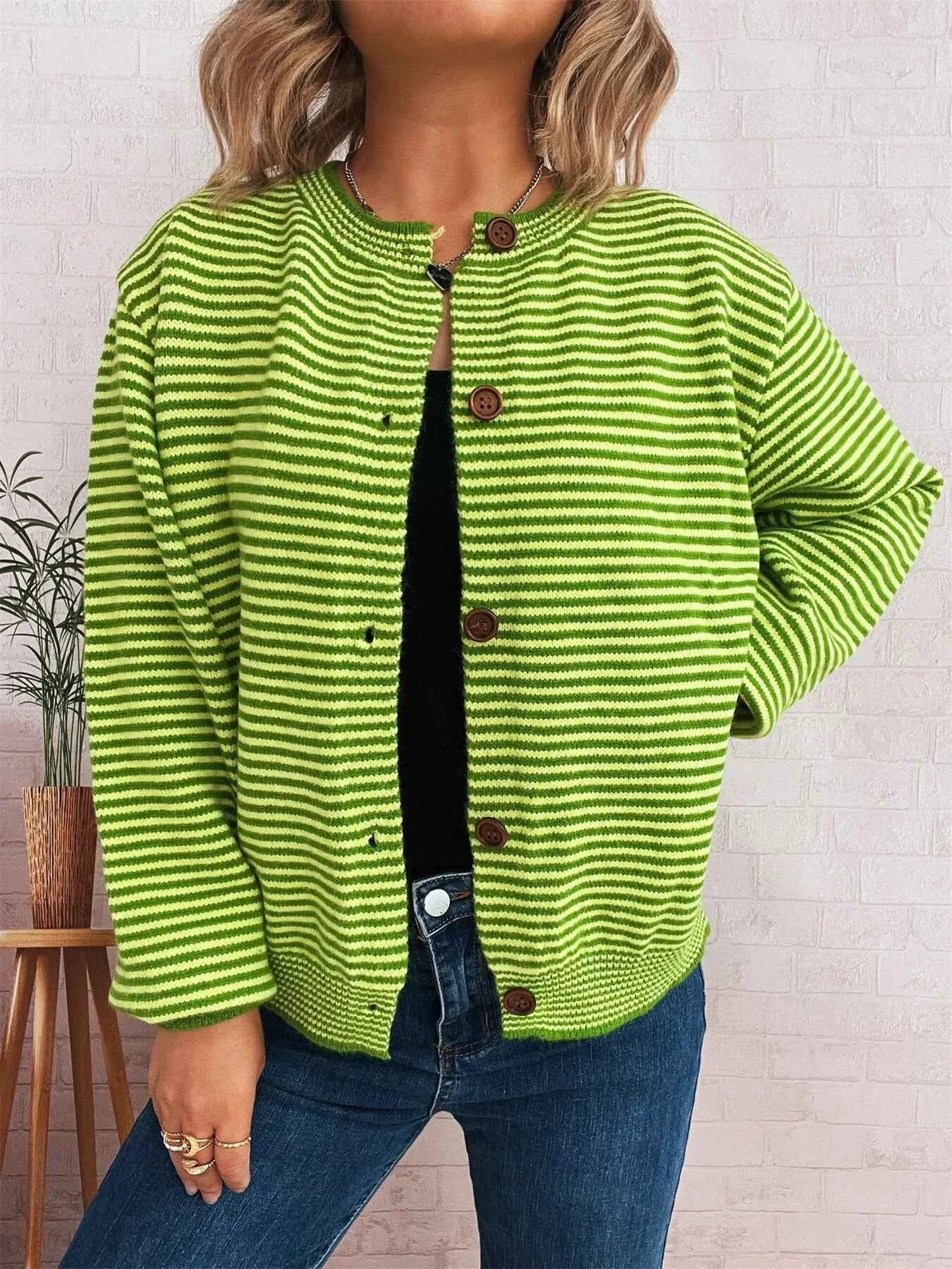 Striped Button Up Long Sleeve Cardigan Green One Size 9ba4a1b8440e4018ba81b2881e690cc0-Max-Origin
