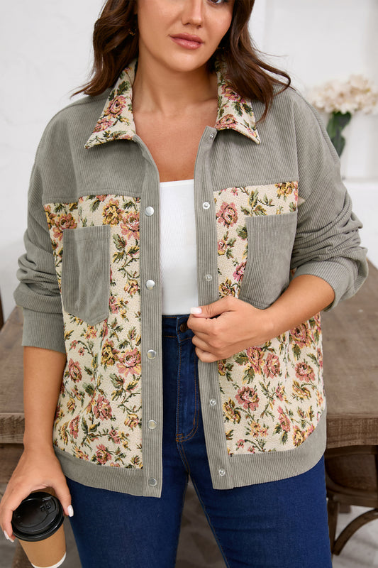 Medium Grey Corduroy Floral Patchwork Vintage Jacket 9ba6499da5f98fb4