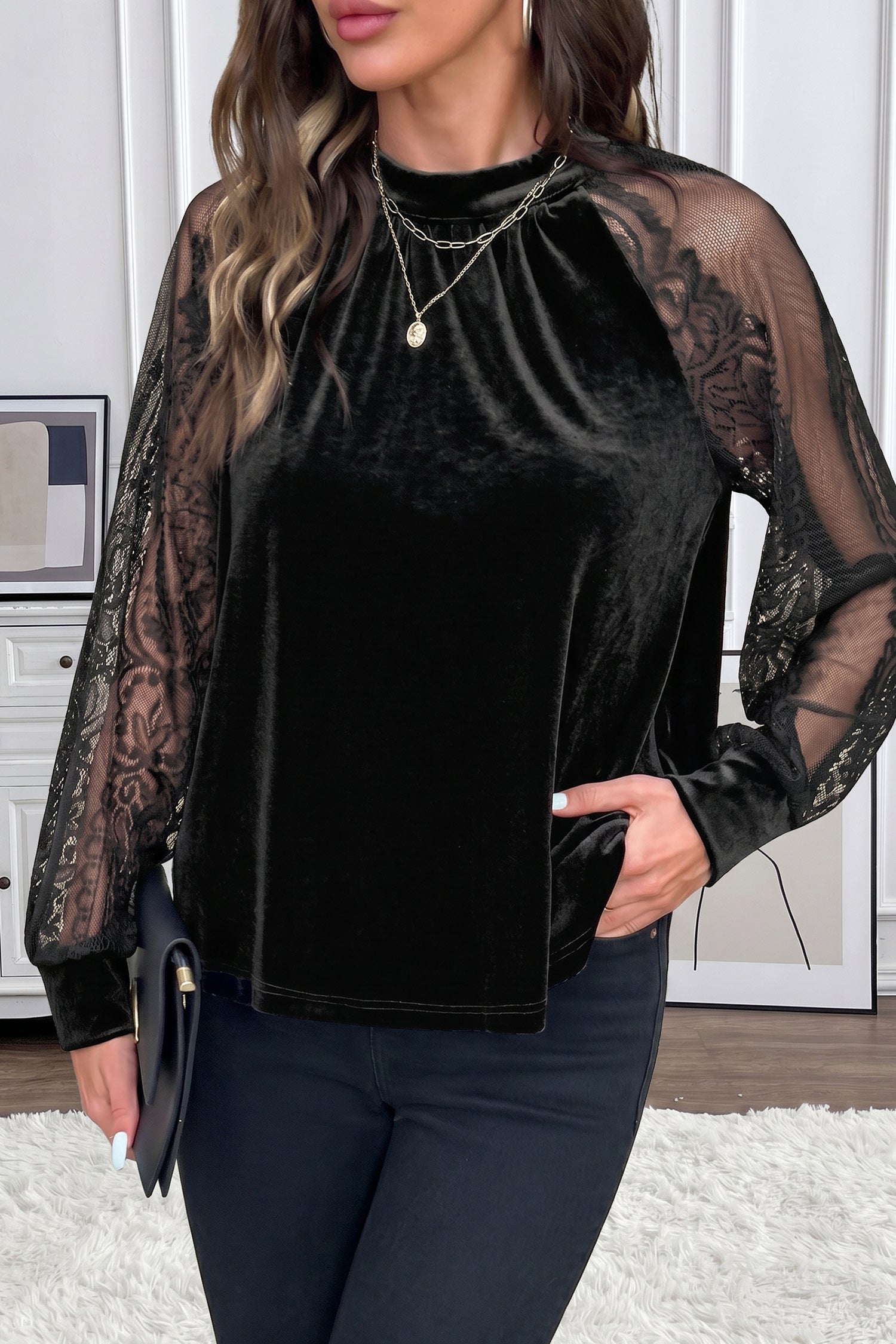 Color Black Solid Color Sheer Lace Long Sleeve Patchwork Stand Neck Velvet Blouse 9ba6a67ba33953d1