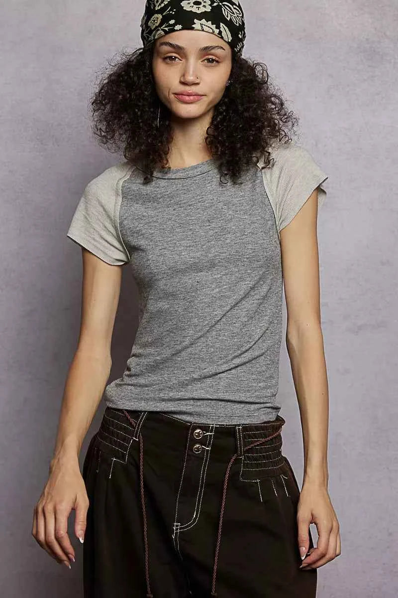 POL Round Neck Outseam Detail T-Shirt with Contrast Color Sleeves CHARCOAL GREY 9ba7336f-ee5a-4736-9115-b537f5ecb5ff-Max-Origin
