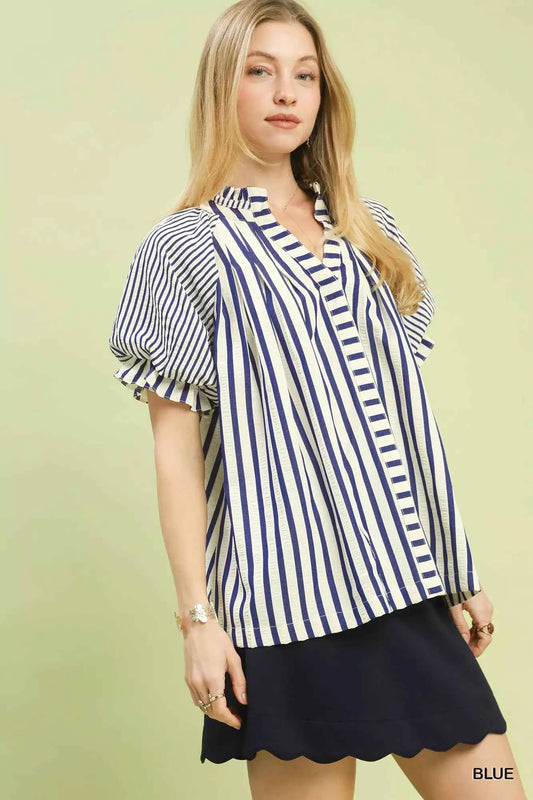 Striped Notched Top with Short Flutter Sleeves 9ba8b3d9-8267-4582-8759-cba353cab3dd-Max-Origin