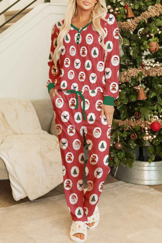 Red Striped Christmas Santa Claus Long Sleeve Pajama Set Red Stripe 95%Polyester+5%Elastane 9bb110bd45e28040
