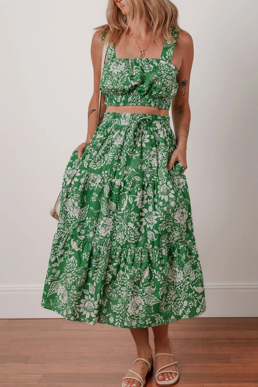 Floral Print Shirred Crop Top and Midi Skirt Set Dark Green 9bb44ab3-1720-422c-b691-7a9290f312b1-Max-Origin