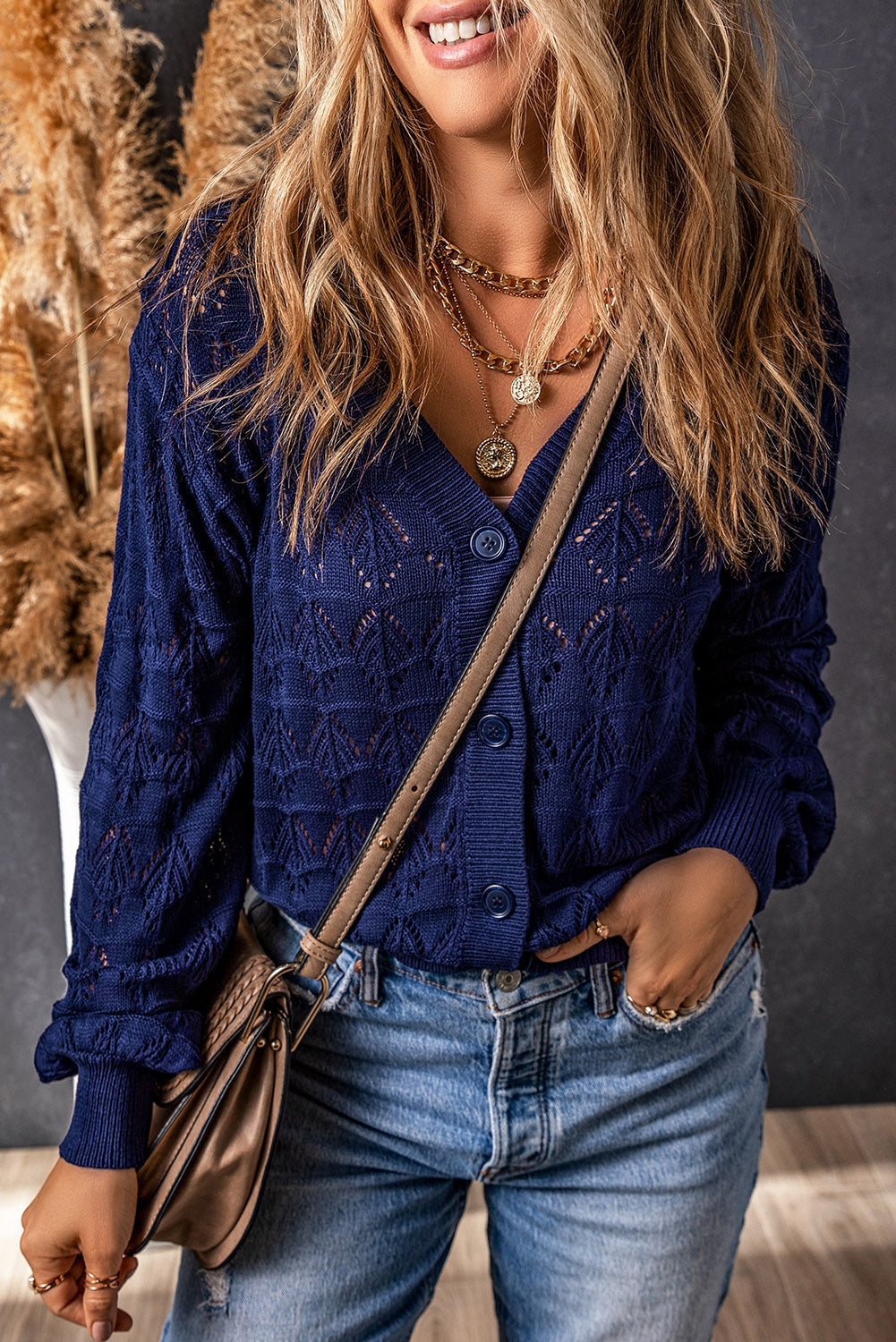 Black Lightweight Buttoned Front Crochet Cardigan Blue 100%Polyester 9bb9d631d55386f7