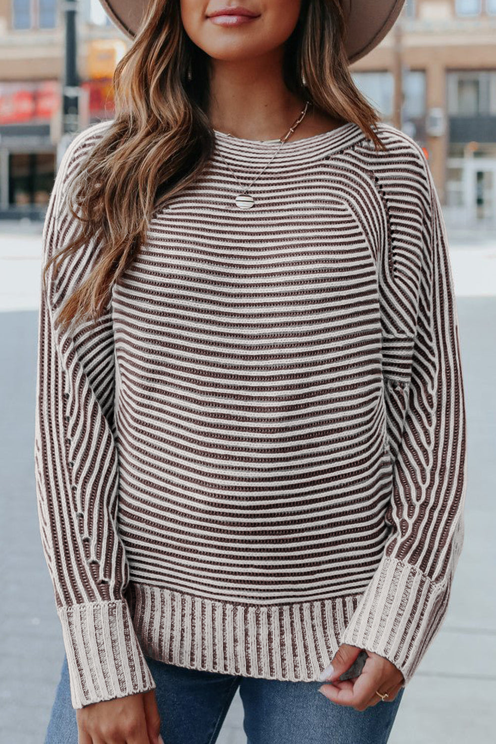 Black Striped Print Ribbed Knit Raglan Sleeve Baggy Sweater 9bbcdf595e3b7900